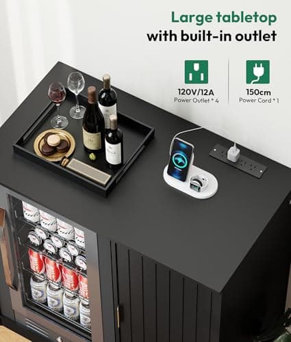 Lamtor Wine Bar Cabinet with Fridge Space, Snack Bar Cabinet with Power Outlet, Fluted Coffee Bar with Adjustable Shelf for Game Room, Dining Room Living Room, Black - Thumbnail 4