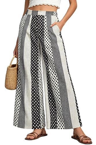 Ystguic Wide Leg Palazzo Lounge Pants for Women Button Down High Waisted with Pockets Bohemian Print Loose Pant 2025 Trendy Going Out Trousers YG085 Small White and Black Dot S - Image 1