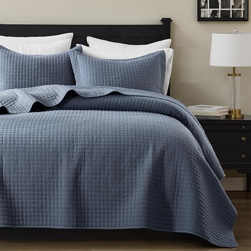 WDCOZY 100% Cotton King Size Quilt Set - Dusty Blue Box Pick Stitch Soft Lightweight Bedspread, Textured Like Linen, Farmhouse Country Rustic Coverlet, Shabby Chic Gauze Bedding, 3 Pieces - Image 1