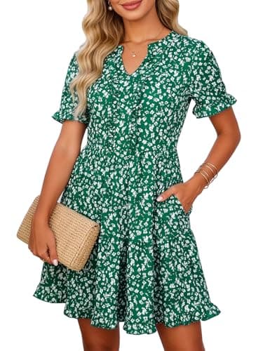 Berydress Women's Casual Summer Mini Sun Dress 2026 Vacation Trendy Floral Ruffle Babydoll Flowy Boho Easter Ladies Dresses with Pockets(XL,6316-Green Flo) - Image 1