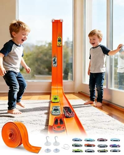 15Ft Flex Track Starter Set – Classic Extra Long Bendable Flexible Race Car Track, Rolls Up Racetrack Portable, Compatible with Diecast 1/64 Scale Cars, Kids 3+ Years-Orange