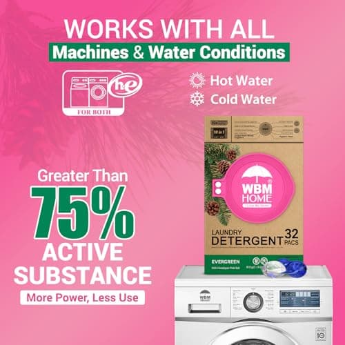 WBM Laundry Detergent Pods - Ultra-Concentrated, Hypoallergenic, Stain-Fighting, Evergreen Scent, 32-Pack, Recyclable Packaging for Eco-Friendly Cleaning - Thumbnail 3