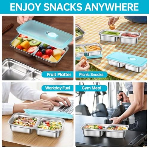 4 Pack Stainless Steel Snack Containers Reusable, Grab and Go 2 Compartment Food Storage Meal Prep Containers with Lids Stackable for Travel Camping School Lunch, Gifts for Gym Home Cooks (4, Blue) - Thumbnail 4