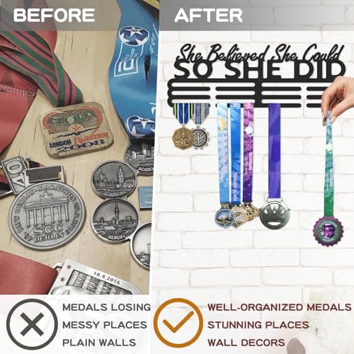Bliocefo Medal Holder Hanger Rack Display Storage Steel Wall Mounted Fame Black Metal Sports Marathon Running Soccer Gymnastics Large-capacity Medals Sturdy Wall Decor She Believed She Could (15.7") - Thumbnail 3