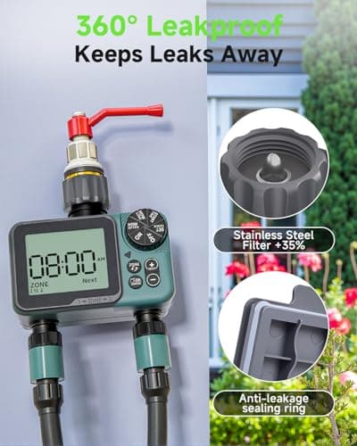 Sprinkler Timer 2 Zone & Digital Water Timer for Garden Hose, Yard, Lawn, Pool – Programmable Irrigation Controller with Rain Delay, IP66 Waterproof Auto & Manual Irrigation System - Thumbnail 5