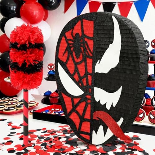 22 x 17.3“ Large Spider Pinata for Boys Birthday Party - 24" Bat Stick, Eye Mask, Rope - Sturdy & Easy to Fill Spider Web Piñata for Kids, Toddlers & Heroic Celebration Decor - Thumbnail 2
