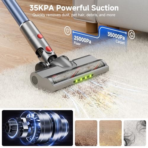 Honki Cordless Vacuum Cleaner for Home, Powerful Stick Vacuum with Rechargeable Battery, Green Light Anti-Tangle Brush, 6-in-1 Lightweight Handheld Vacuum for Pet Hair, Hard Floor, Carpet, Red - Thumbnail 2