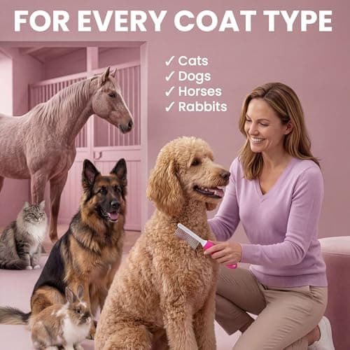 Poodle Pet Detangling Pet Comb with Long & Short Stainless Steel Teeth for Removing Matted Fur, Knots & Tangles – Detangler Tool Accessories for Safe & Gentle DIY Dog & Cat Grooming (Pink) - Thumbnail 6