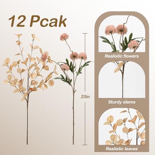 Luldesce Beige Faux Silk Pompon Mums Artificial Flowers - 12 Pcs Fake Kiku Flowers Bulk with Eucalyptus Leaves, Long Stems Chrysanthemums Ball Flower for DIY Centerpiece Party Spring Home Decor - Thumbnail 4