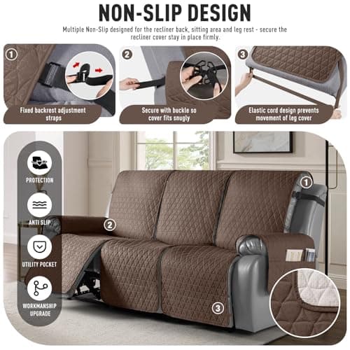 TAOCOCO 100% Waterproof Recliner Couch Covers, Non Slip Recliner Covers that Stay in Place, One-Piece Washable Reclining Sofa Cover for 3 Seater with Elastic Straps, Brown - Thumbnail 5