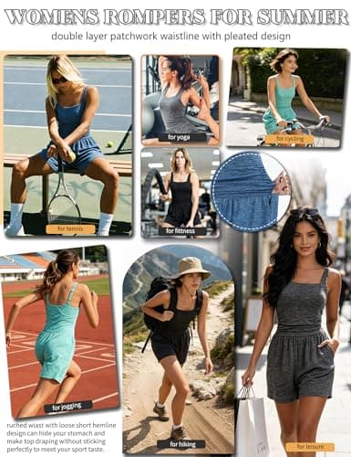 SLIMBELLE Built In Bra Athletic Rompers For Women Summer Square Neck Adjustable Strap Pleated Waist Pockets Short Jumpsuit One Piece Outfits GREEN XL - Thumbnail 2
