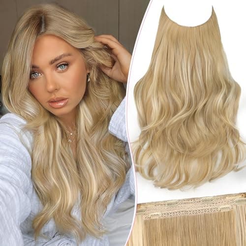 Invisible Wire Hair Extensions with Transparent Wire Adjustable Size 4 Secure Clips Long Wavy Secret Hairpiece 20 Inch for Women(Beige Blode)
