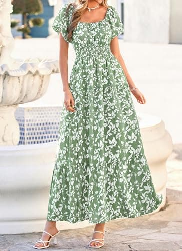 BTFBM Summer Dress for Women 2026 Spring Floral Short Sleeve Casual Flowy A-Line Smocked Tiered Maxi Dresses Pockets(Floral Green White, XX-Large) - Thumbnail 6