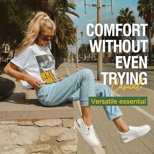 Jeossy Women's Slip On Shoes Casual Fashion Sneakers White 8010 Arch Support Loafers for Women with Zipper 11 (DJY8010 whitecroco 11) - Thumbnail 2