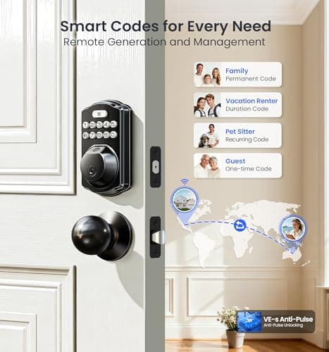 Veise VE012W-K Built-in WiFi Fingerprint Smart Lock with 2 Knobs, No Hub Needed, Remote APP Control, Keyless Entry Door Lock, Smart Deadbolt for Front Door, Auto Locking, Matte Black - Thumbnail 4