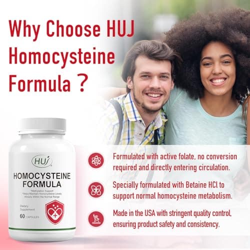 HUJ Homocysteine Formula Supplement - with B2, B12, Folate & Betaine HCl - for Homocysteine Metabolism & Methylation Support*- 60 Capsules - Thumbnail 4
