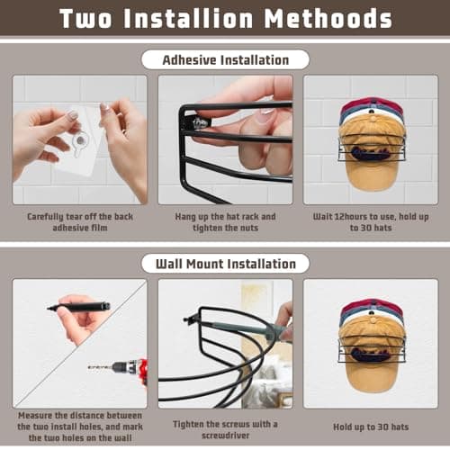 Fikoksol Hat Rack for Baseball Cap, Wall Mounted & Adhesive Hat Storage - Thumbnail 5