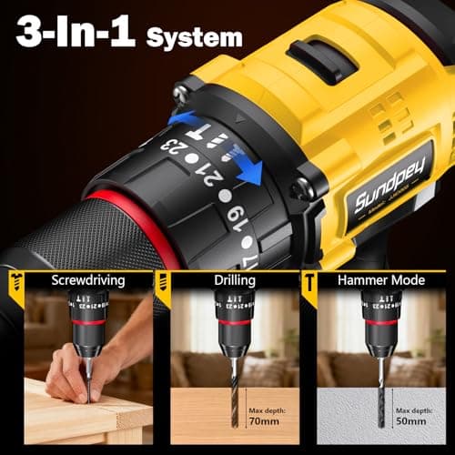 Sundpey Cordless Power Drill Set - 620in-lbs 3/8" Metal Chuck Electric Drill w/Brushless Motor & 23+3 Torque Settings & 2 Battery & LED Light - Drills Driver for Home DIY Woodworking Bricks Drilling - Thumbnail 5