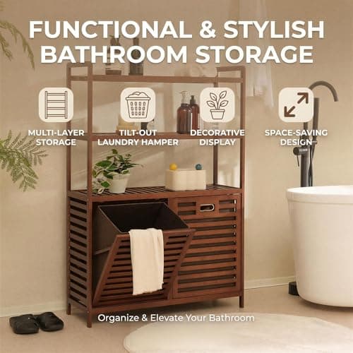 Baveke Bamboo Tilt Out Laundry Hamper with 3 Tier Shelves, Hidden Laundry Hampers with 2 Removable Bags, Pull Out Laundry Hamper Cabinet, Bathroom Storage Shelf for Laundry Room, FSC-Certified, Brown - Thumbnail 6