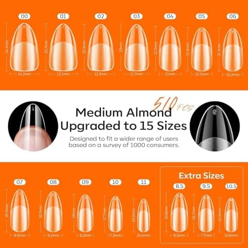 modelones X Nail Gel Kit Almond, Upgrade 15Sizes Fake Nails, 9-in-One Glue Dehydrator & Mini U V Light Clipper, 510Pcs Medium Almond Press on Tips for Extension DIY Salon Home Gift - Thumbnail 3