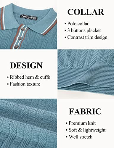 PJ PAUL JONES Blue Polo Shirs for Men Vintage Italian Knitting Golf Polo Shirts for Men Summer Breathable Date Night XXL - Thumbnail 5