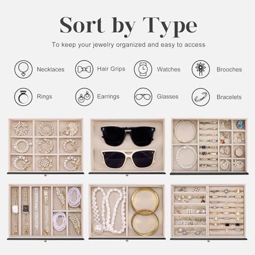 Dajasan Large Jewelry Organizer Box, 6-Tier Jewelry Storage Case with 5 Drawers, Jewelry Boxes for Women Girls with Mirror, Double Door, Textured PU Leather, Gift Idea, Stylish (Black + Gold) - Thumbnail 4