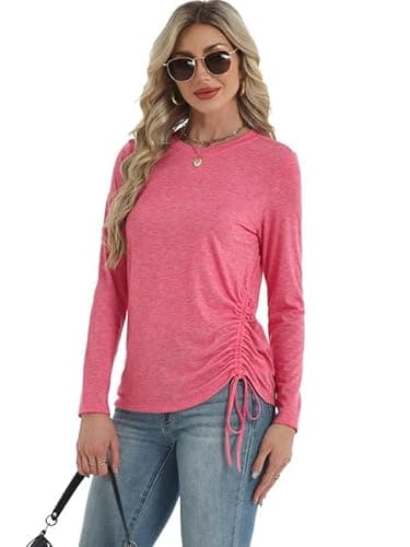 AIZHINENG Womens Long Sleeve Shirts Crewneck Tops Casual Fall Spring Trendy T-Shirts Outfits Clothes 2025 Rose Red - Thumbnail 3
