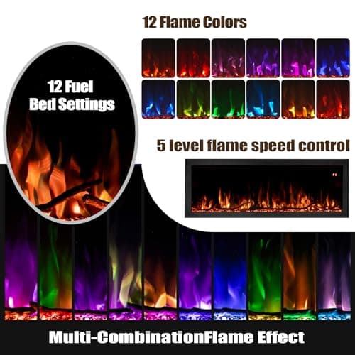 Tuan 50 Inch Linear Electric Fireplace, with Smart App Control, Wall Mount or in-Wall Recessed Fireplace Insert, 9 Hour Timer, 13 Color Changing Flames & Embers,750W/1500W Indoor Heater - Thumbnail 5