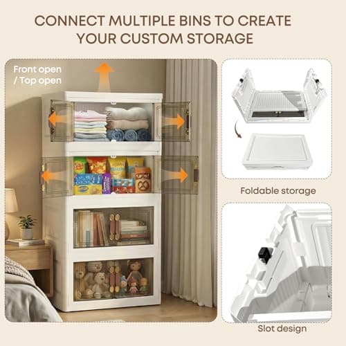 MOONEDGE 140QT Stackable Plastic Storage Bins with Lid & Handles, Foldable Collapsible Closet Organizer with Magnetic Doors and Side Locking, 4 Tier for Living Room, Office, Garages - Thumbnail 4