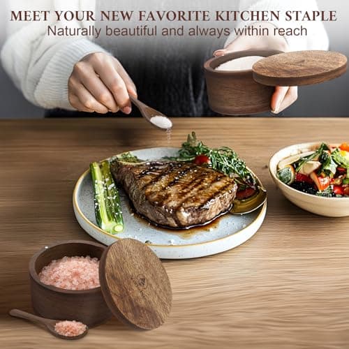 Set of 2 Acacia Wood Salt Container with Built-in Spoon, Elegant Salt Holder with Magnetic Swivel Lid, Each Salt Cellar Box Capacity 6OZ for Kitchen to Storage Pepper, Spice or Favorite Seasonings - Thumbnail 5