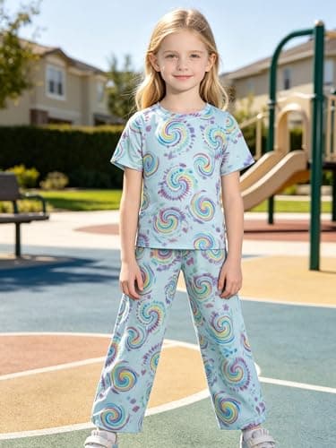 LUCKYLI Girls Summer Outfits Rainbow Spiral Tie Dye Style Short Sleeve Tops and Long Pants 2 Piece Fashion Clothing Sets 4-12Y (White/Rainbow, 9-10Y) - Thumbnail 6