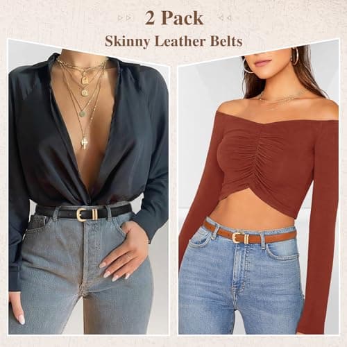 WHIPPY 2 Pack Skinny Leather Belts for Women Thin Ladies Fashion Belt C-Shaped Gold Buckle Black Belt for Jeans Pants Dresses, Black+Brown, M - Thumbnail 3