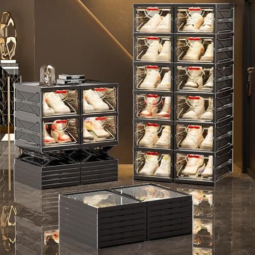 Zuocheng Foldable Shoe Rack Organizer Stackable Shoe Storage Box for Entryway, Closet & Bedroom Large Capacity Sneaker Containers Bins with Lids 5 Pack Black - Thumbnail 3