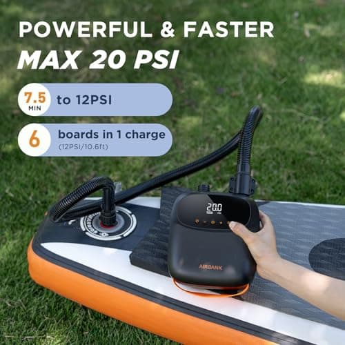 AIRBANK Paddle Board Pump Electric 20PSI The Puffer Pro, Portable SUP Pump, Dual-Stage Inflation & Auto-Off Air Pump for Stand up Paddle Boards, Kayak, Inflatables, Boats, Tent, Mattress, Kite Wings - Thumbnail 2