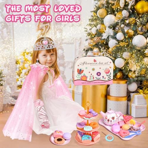 Tea Party Set for Little Girls, 63Pcs Pretend Play Toys, Princess Dress Up Tea Time, Tin Tea Sets for Toddlers 3-5 6 with Dessert, Carrying Case, Kids Kitchen Playset, Birthday Gift for Toddler Girls - Thumbnail 6