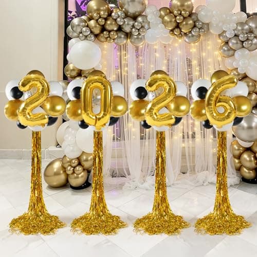 2026 Graduation Decorations - Set Of 4 Standing Balloon Topiaries, Balloon Stand Kit Party Centerpieces Decor With Golden Rain Curtains Class Of 2026 Decorations For Kindergarten High School College - Thumbnail 2