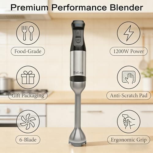 EuLea 2026 New Immersion Hand Blender, 1200W with 5-Speed Settings, Stainless Steel Blades,with scratch-resistant design, Gift Box Packaging. An Ideal Choice for Blending Soup, Mayonnaise - Thumbnail 4