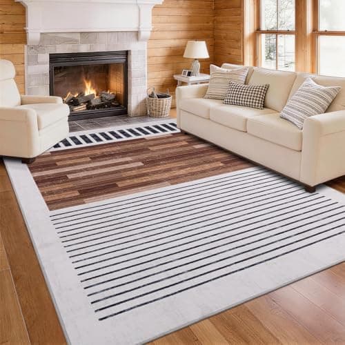 YIHOUSE 6x9 Washable Area Rugs for Living Room, Tan Black and White Striped Rug for Bedroom Non Slip Low Pile, Minimalist Modern Geometric Carpet for Entryway Room Office Home Decor - Image 1
