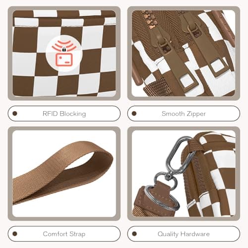 WOOMADA Checkerboard Nylon wristlet wallets for women - Crossbody Bag with Credit Card Holder & Cell Phone Organizer(Caramel Checkerboard) - Thumbnail 6