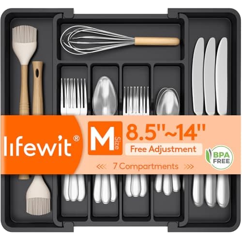 Lifewit Expandable Silverware Organizer, Plastic Utensil Tray for Kitchen Drawer, BPA Free Flatware Cutlery Holder, Space-Saving Storage for Spoons Forks Knives, 8.5-14 x 12 x 1.5 inch, Black - Image 1