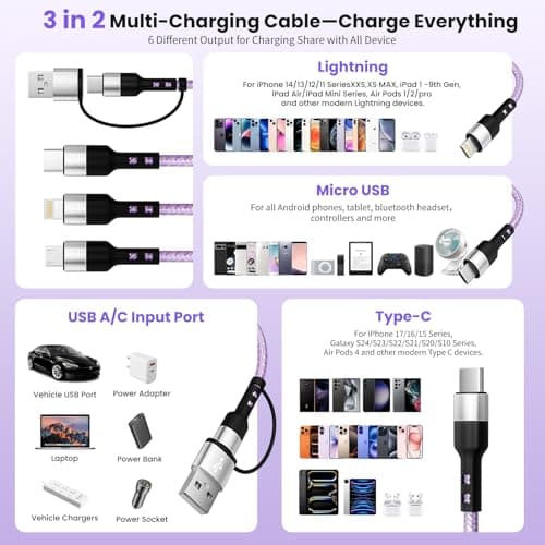 Travel Essentials, 3 in 2 Multi Charging Cable USB C Charger for iPhone 17, Multi Charger Cord with Type C/Lightning/Micro USB, Compatible for iPhone 17 to 11, Android, Galaxy, iPad, 2Pack-5 FT - Thumbnail 3
