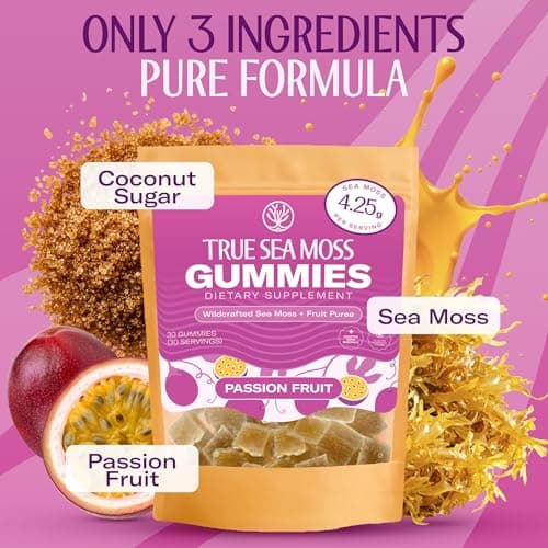 True Sea Moss Gummies – High Potency 4250mg Authentic Sea Moss Gel – Raw & Wildcrafted – Sweetened with Organic Coconut Sugar & Real Passion Fruit Purée – 30 Gummies (30 Servings) - Thumbnail 4