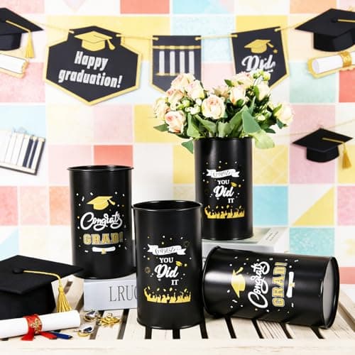Pack of 6 Graduation Centerpieces Vase for Tables 2026, Galvanized Metal Tin Holder for Flowers Grad Caps Utensil, Congrats Grad Mason Jars for Home Party Decorations Supplies, Black - Thumbnail 2