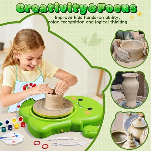Skirfy Mini Pottery Wheel Kit for Beginners Kids,Electric Ceramic Wheel with Foot Pedal&Painting Kit, Adjustable Speed,Clay Spinner DIY Tools for Art Craft Birthday (Green Dinosaur) - Thumbnail 3