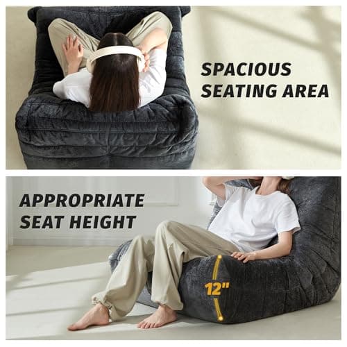 Homguava Bean Bag Chair, Giant Beanbag Chairs for Adults, Memory Foam Fireside Chair, Large Lazy Floor Sofa, Sofa Couch with High-Rebound Foam, Lounge Chair for Living Room, Bedroom (Grey, Single) - Thumbnail 5