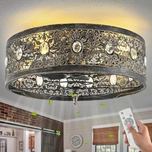 HuixuTe 20" Black Caged Ceiling Fan with Lights Remote Control, Vintage Victorian Rustic Crystal Fandelier, Farmhouse Bladeless Ceiling Fan with Light for Living Room Bedroom Kitchen - Image 1