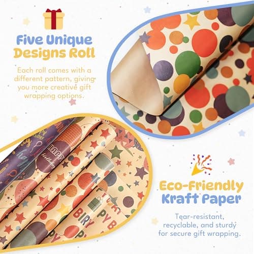 Homelyhi 5 Rolls Birthday Wrapping Paper, Five Cartoon Kraft Gift Wrap for Birthday Party Holiday Baby Shower, Recyclable Wrapping Paper Girl Boy Kids Adult, 17 Inch x 9.8 Feet - Thumbnail 2