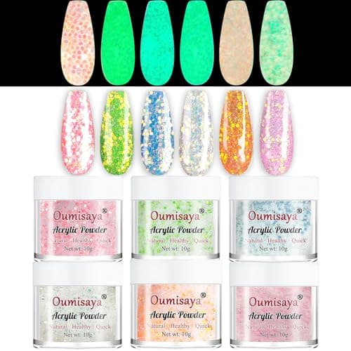 OUMISAYA Super Bright Glow in the dark Glitter Nail Acrylic Powder 6 Colors Set APG060 Pink White Blue Green Orange Colors Collection