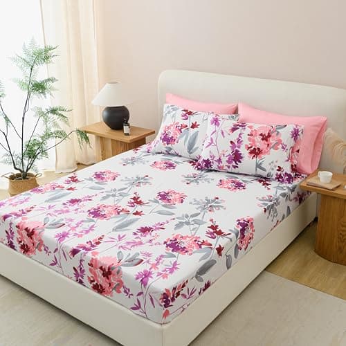 King Size Bed Sheets Set Deep Pockets - 6PC Floral Ultra Soft Microfiber Bed Sheets - Easy to Clean, 90 Thread Count Sheets Includes 1 Fitted, 1 Flat, 2 Pillowcases (Grey/Pink Floral)