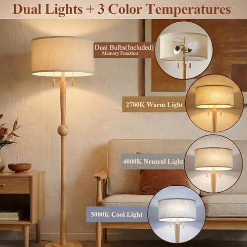 MOFFE 62.8" Solid Wood Floor Lamp,Tall Standing Floor Lamp with 2-Light Pull Chain, 17" Linen Drum Shade, Sculptural Wood Base & Stem,Transitional Floor Lamp for Living Room Bedroom, Includes 2 Bulbs - Thumbnail 4